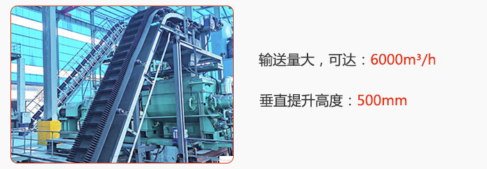 大傾（qīng）角帶式輸送機輸送量大，可達：6000m³/h，垂直提升高度：500mm
